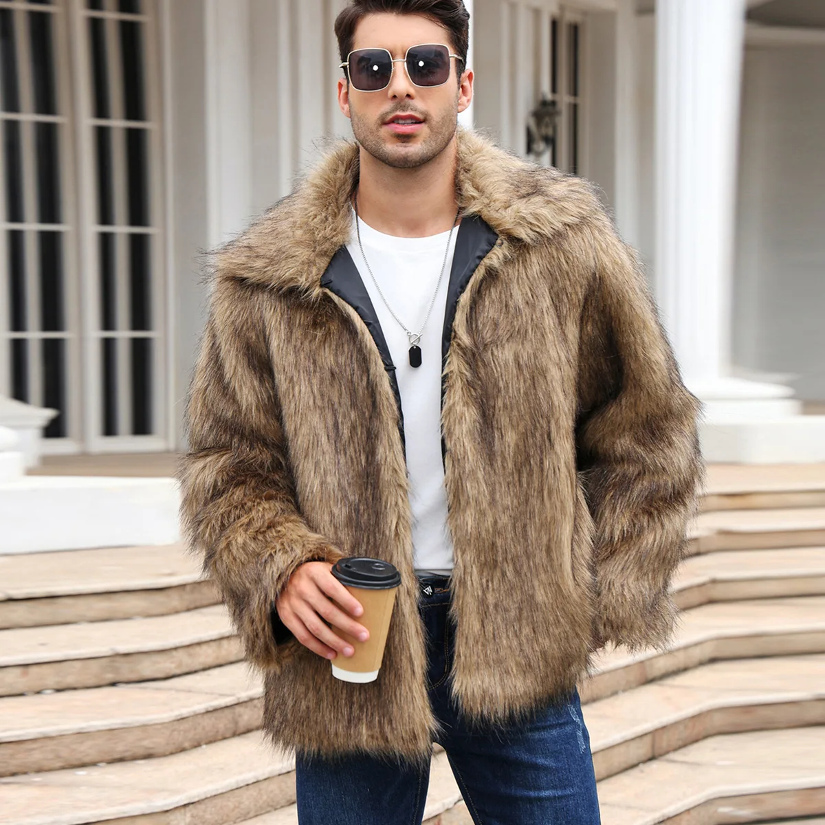 Down Jacket Packable - Men Faux Fox Fur Jacket Coat